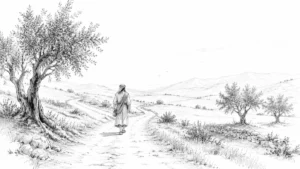 Line drawing of a biblical traveler walking an ancient road through olive trees, illustrating prosperity God’s way.