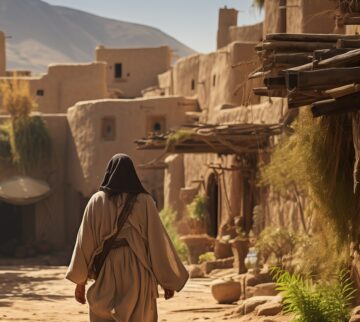 A solitary figure walks through a quiet ancient town in warm, dusky light.